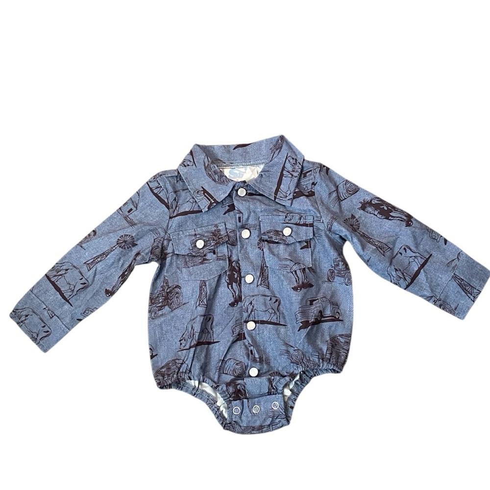 Shea Baby Blue Kids Bodysuit with Farm Print